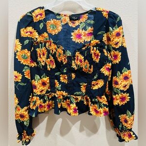 Sunflower Print Bustier Peplum Top - Navy / Yellow